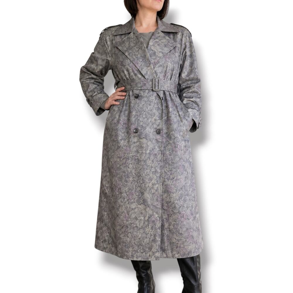 Vintage‎ London Fog Floral Trench Coat Lightweight Gray Purple Belted Petites 10
